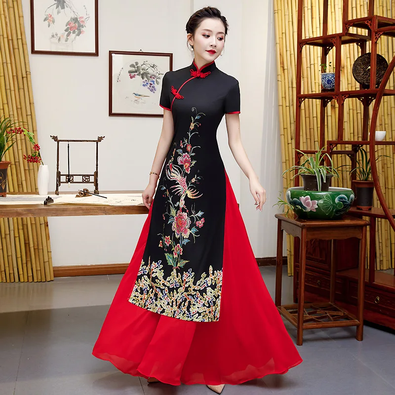 

Plus Size 3XL 4XL 5XL Red Chinese Traditional Women Aodai Embroidery Flower Qipao Vintage Cheongsam Novelty Chinese Formal Dress
