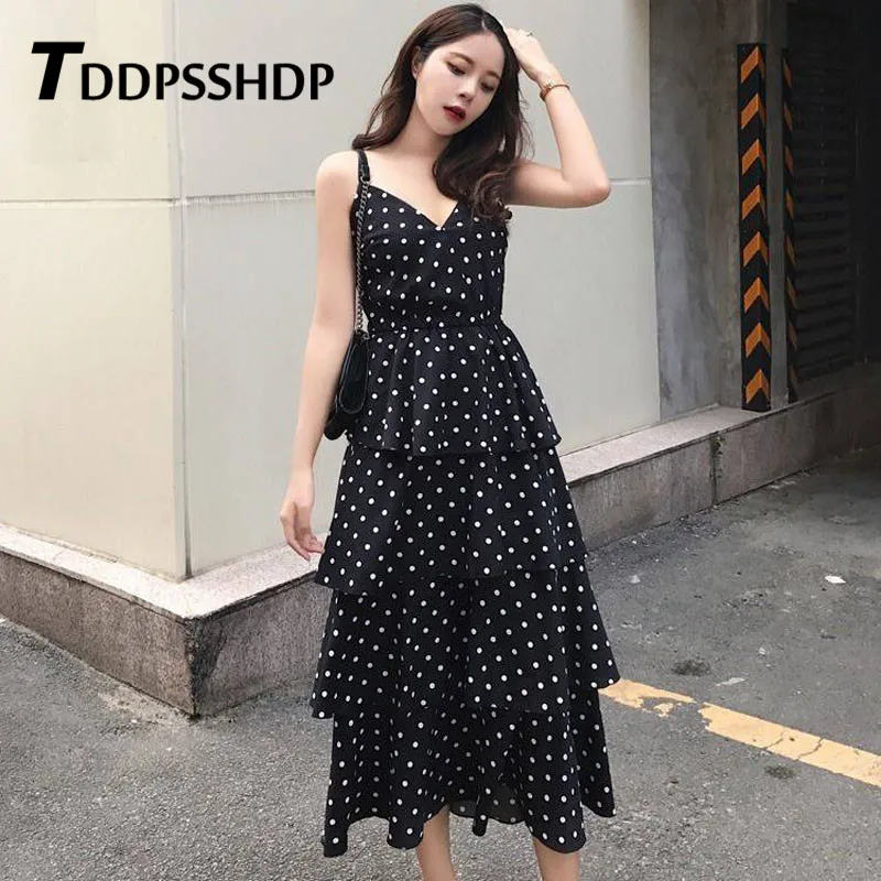 

2019 New Chiffon Cupcake Women Dress Polka Dot Beach Vacation Ruffles Backless Sleeveless Female Dresses