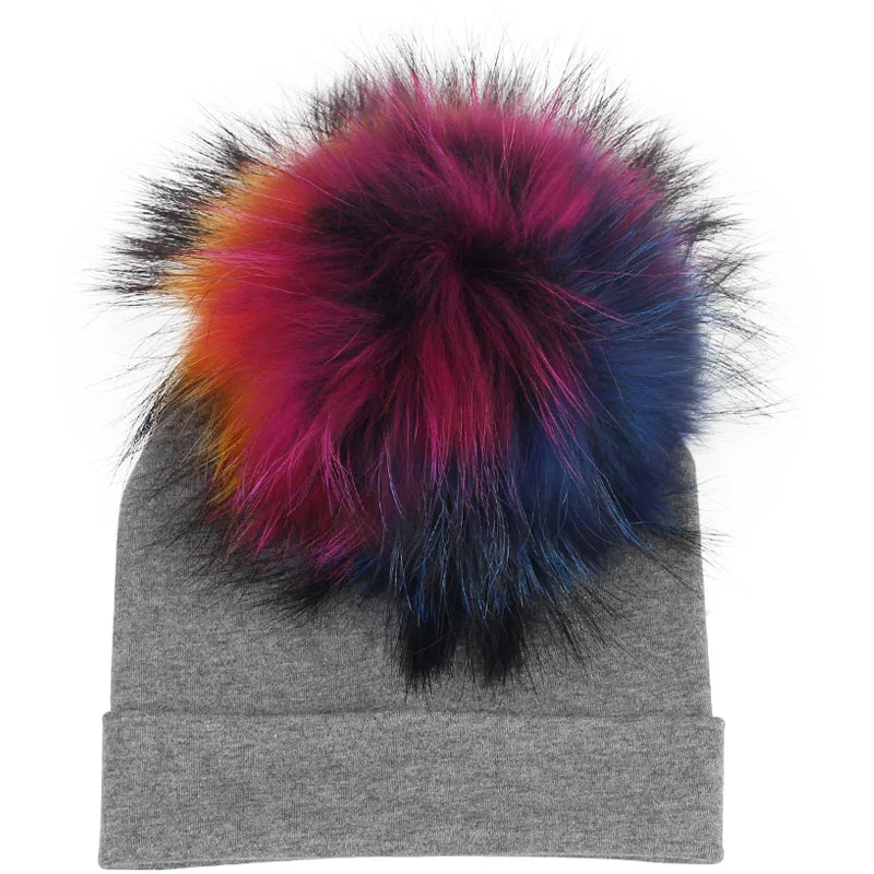 Geebro Baby енотовый помпон Beanies шляпы с настоящим мехом енотовый помпон Skullies для новорожденных девочек мальчиков детская теплая простая хлопковая Шапка-бини - Цвет: Dark Grey C