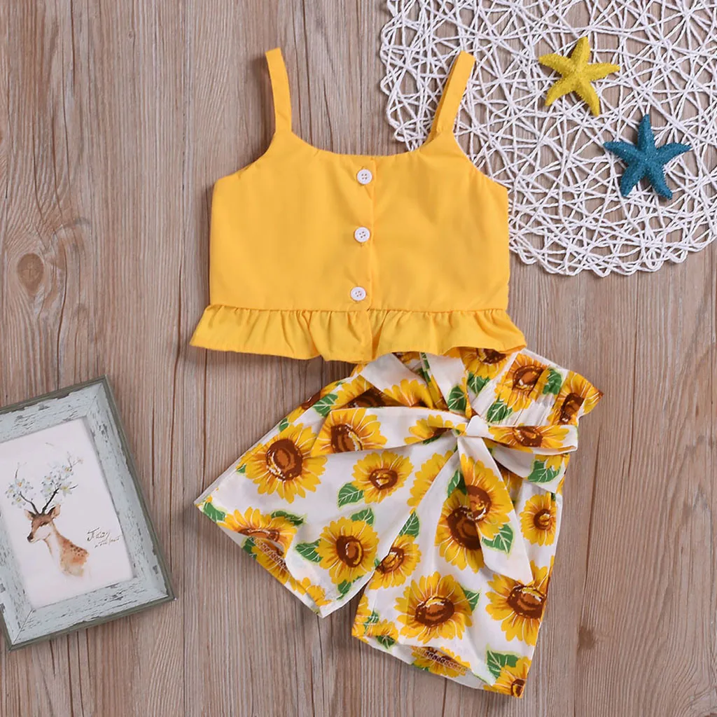 

Toddler Baby Girls Sleeveless Ruffles Sommer Neue Solid Vest Tops+Sunflower Shorts Outfits Weste 2 Girls Cotton and Hemp Suit