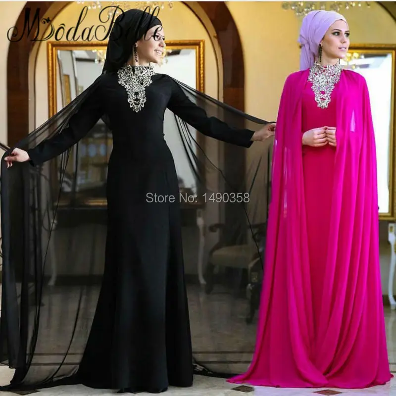 2017 High Neck Hijab Long Sleeve Crystal Evening Dress With Cape Kaftan Fuchsia Black Formal Dress Women Robe Musulmane Soiree