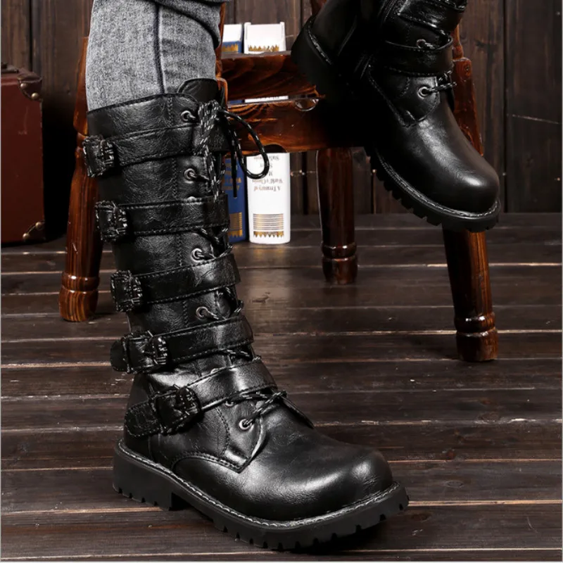 

Army Boots Men High Military Combat Boots Metal Buckle Punk Mid Calf Male Motorcycle Boots Lace Up Men's Shoes Rock HH-130