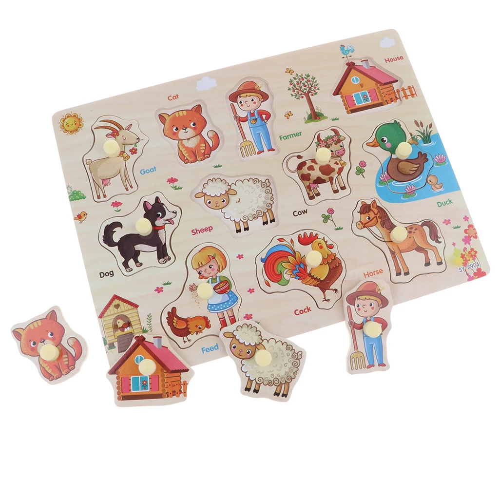 2 Sets Wooden Peg Puzzle Jigsaw Educational Toys for 1-4 Year Olds Baby Toddlers - Traffic & Farm Animals
