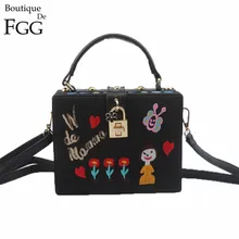 Marca de fábrica famosa Mujeres de La Manera Impresión de la Historieta Del Bordado Caja de Embrague Totes Bolsos de Hombro Bolso de Las Señoras Negro PU Bolsos Crossbody