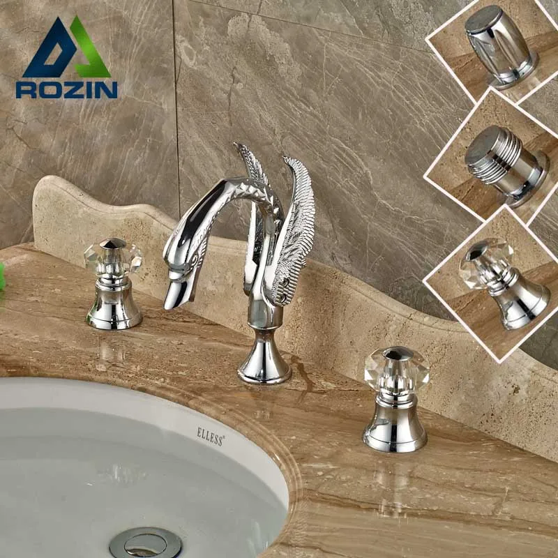 Modern Widespread Swan Basin Sink Faucet Dual Handle Chrome Bathroom Washing Basin Mixer Taps Deck Mounted
