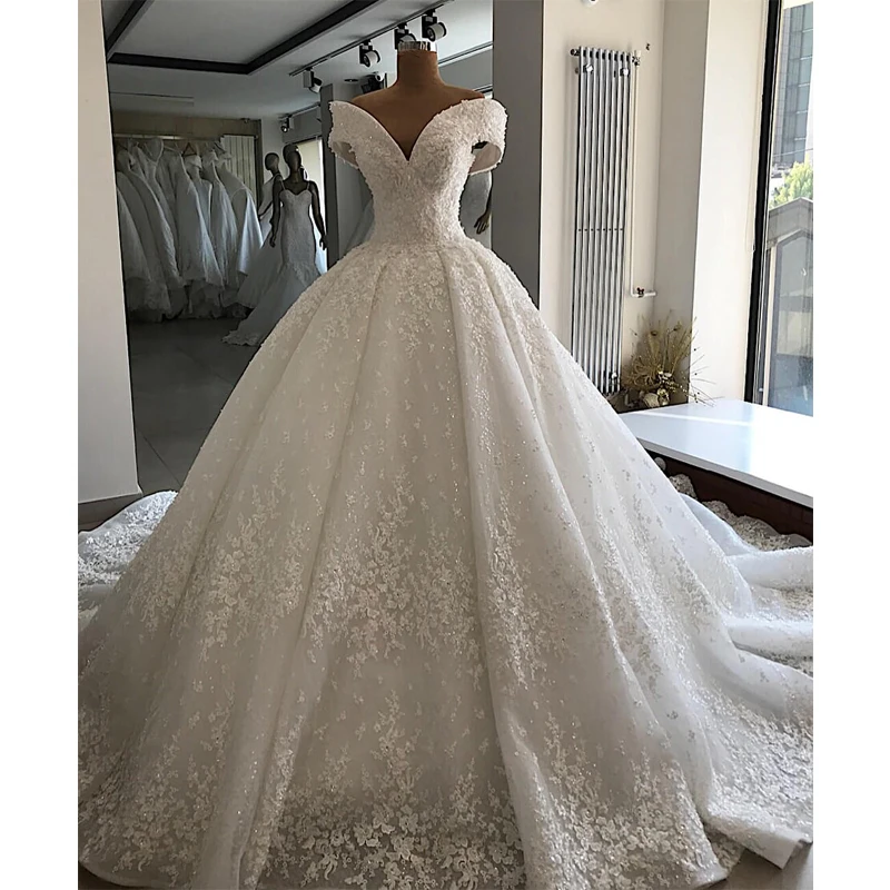 

Robe De Mariee Luxury Customized Appliques Beading Wedding Dress 2019 Off The Shoulder Lace Up Wedding Gowns Chapel Train Dress