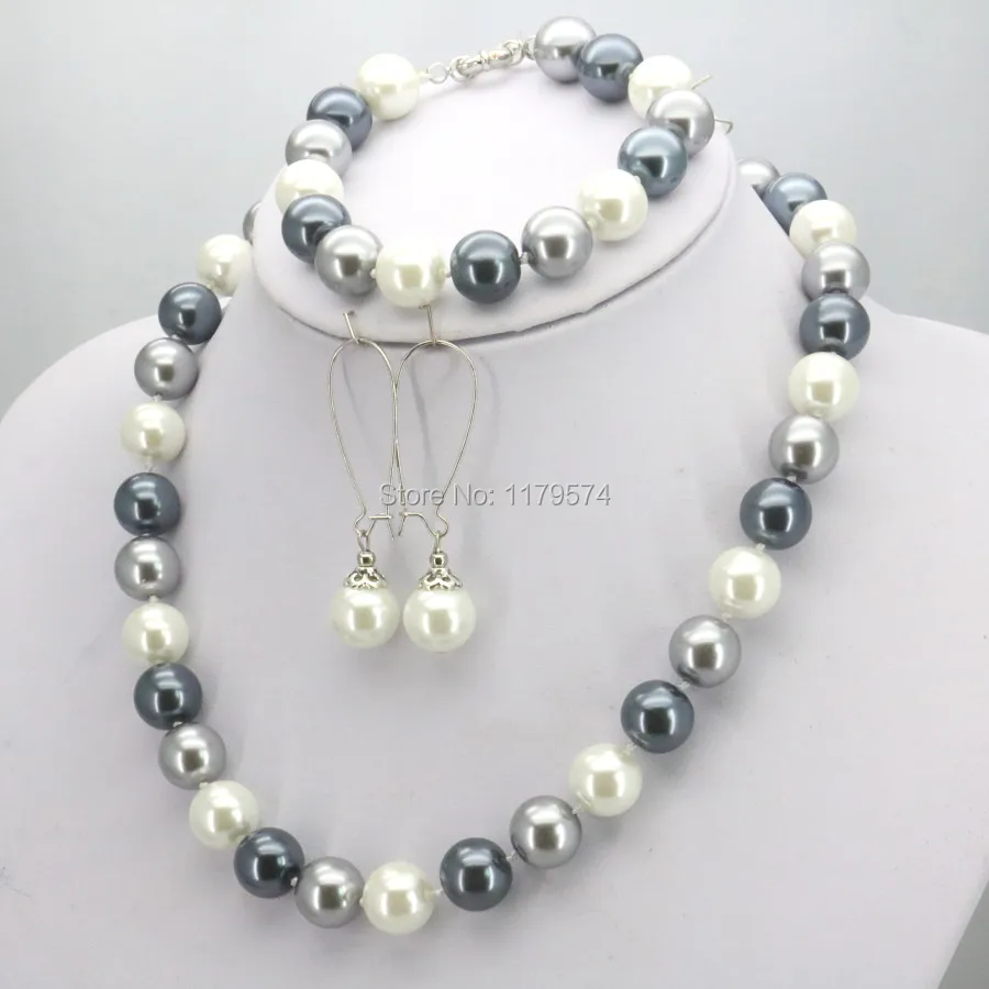 Горячие украшения Подарки для женщин 12 мм белый серый круглый корпус жемчужные бусы ожерелье браслет серьги наборы ювелирных изделий дизайн