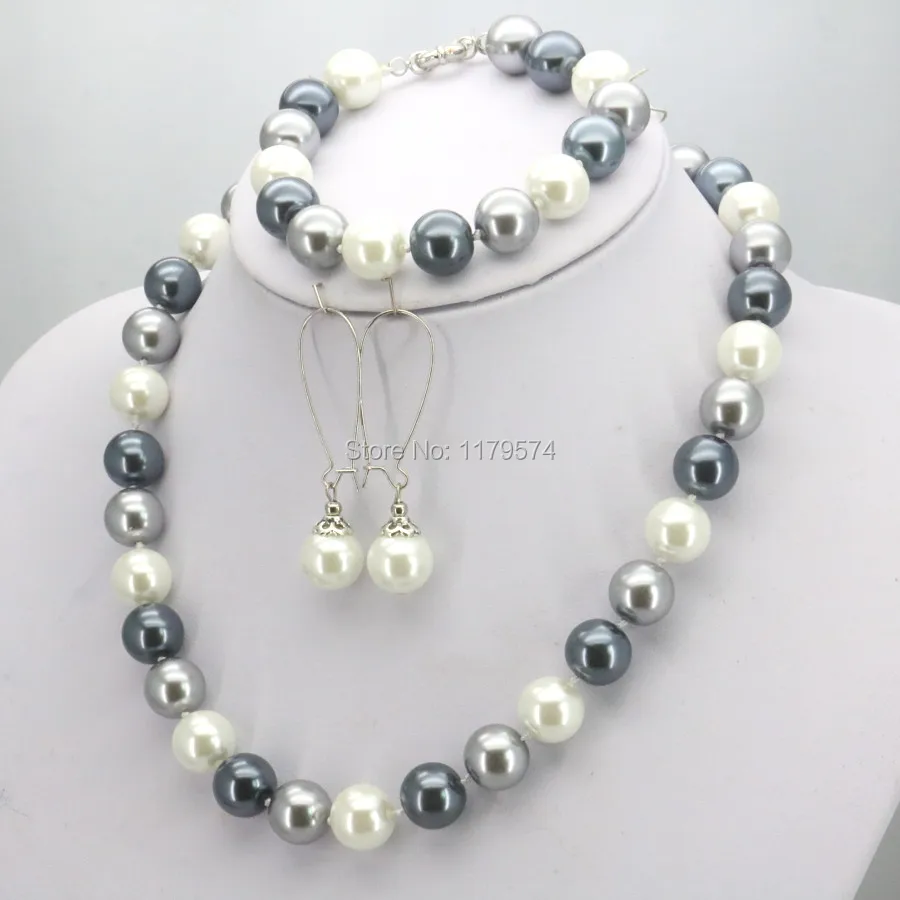 

Hot Ornament Gifts For Women 12mm White Gray Round Shell Pearl Beads Necklace Bracelet Earrings Sets Jewelry Making Design
