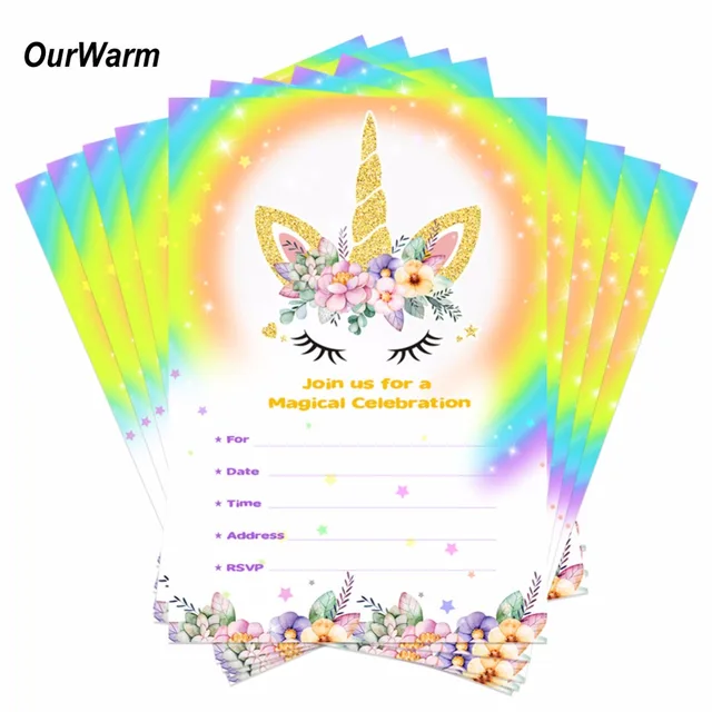 ourwarm 10pcs unicorn theme party birthday invitations cards kids