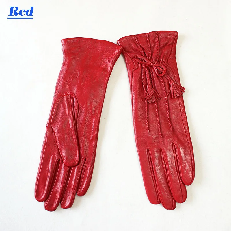 Женские перчатки из овчины удлиненные в полоску стильные удлиненные бархатные с подкладкой осенние и зимние теплые женские кожаные перчатки - Цвет: Red