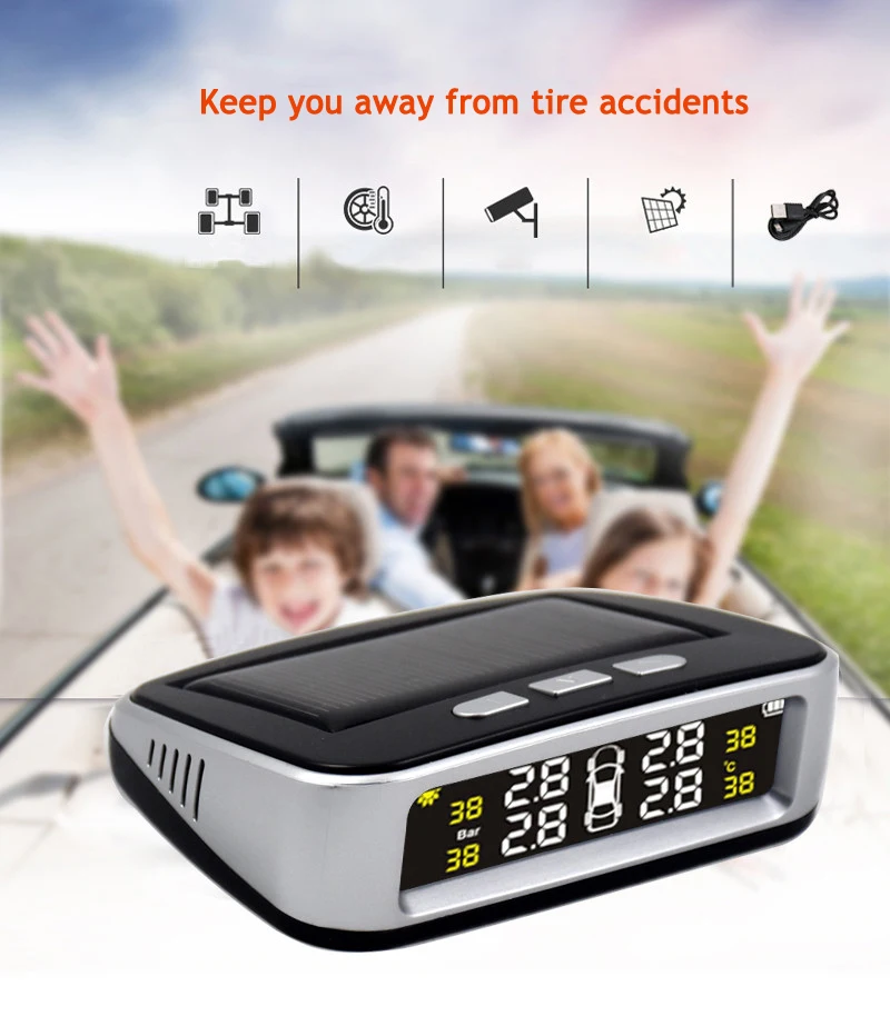 Solar TPMS Car Tire Pressure Alarm Monitor System Display 4 Internal  External Sensor Temperature Warning 