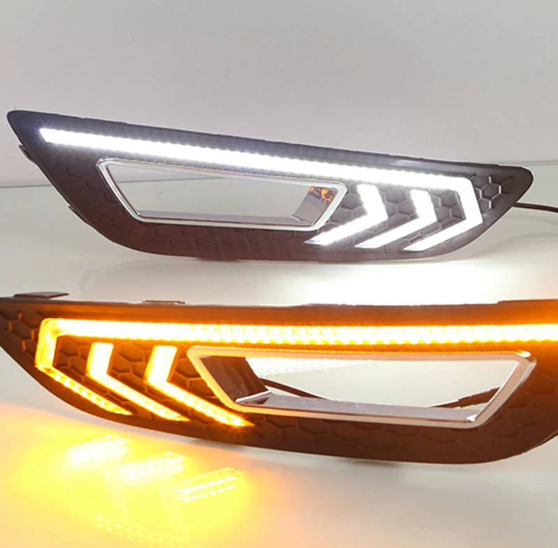 

2Pcs DRL for Ford focus 4 2015 2016 2017 2018 LED DRL daytime running lights daylight with fog lamp hole Yellow turn signal