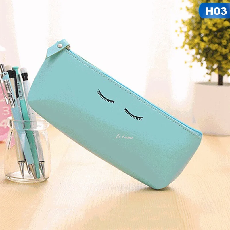 Kawaii Candy Color Lip Eye Dot Pen Bag Stationery School Office Supply Cute Modern Girl PU Leather School Pencil Case