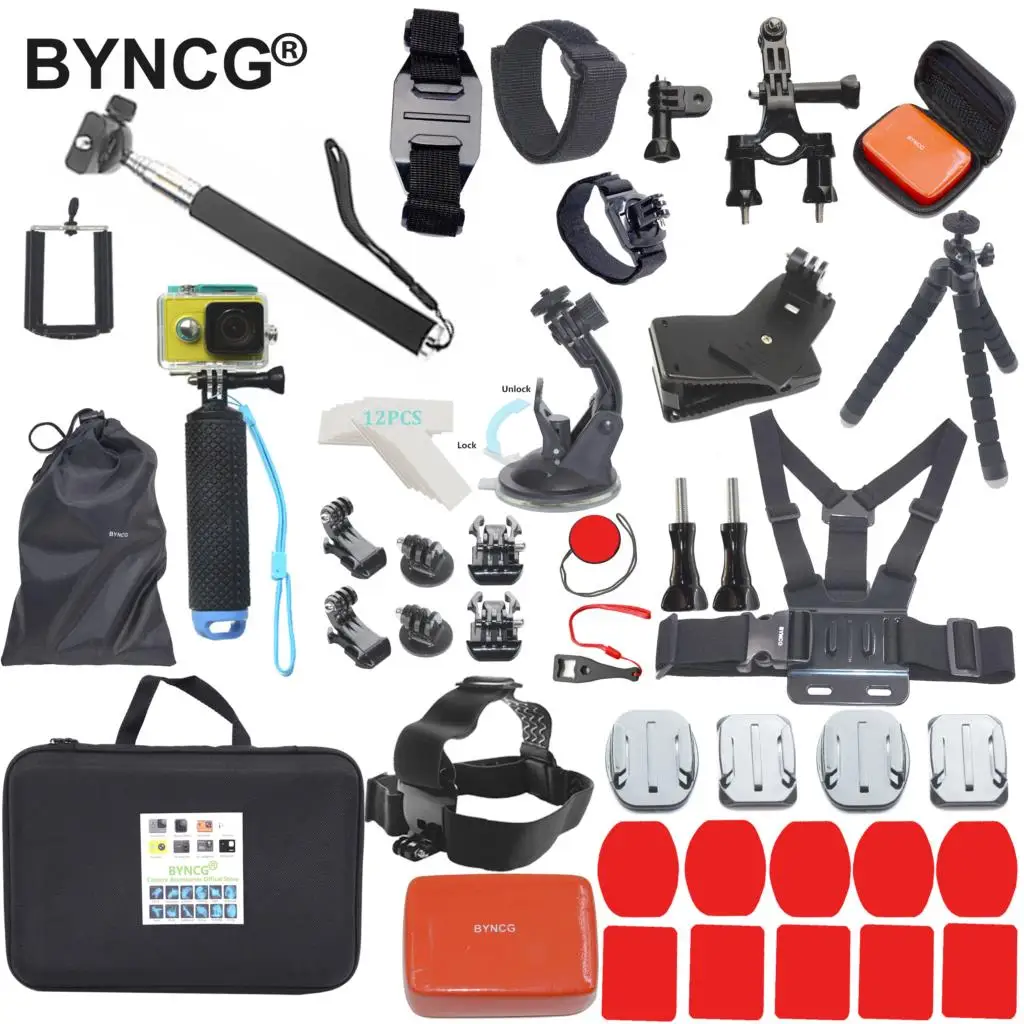 

BYNCG Accessories Set With Chest Head Helmet Strap Floating Monopod Selfie Stick Tripod EVA Case Kit for All Sport Action Camera