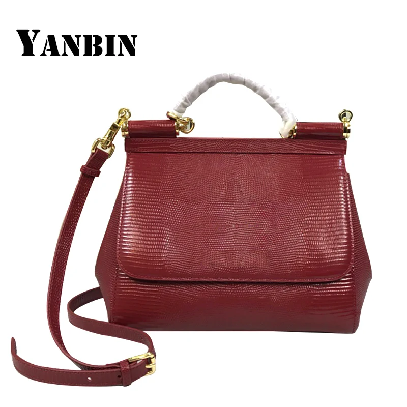 

YANBIN 2018 Hot New Fashion Handbag Cowhide Lizard Stripes Red Fashion Women's Leather Shoulder Bag Luxury Female Design Handbag