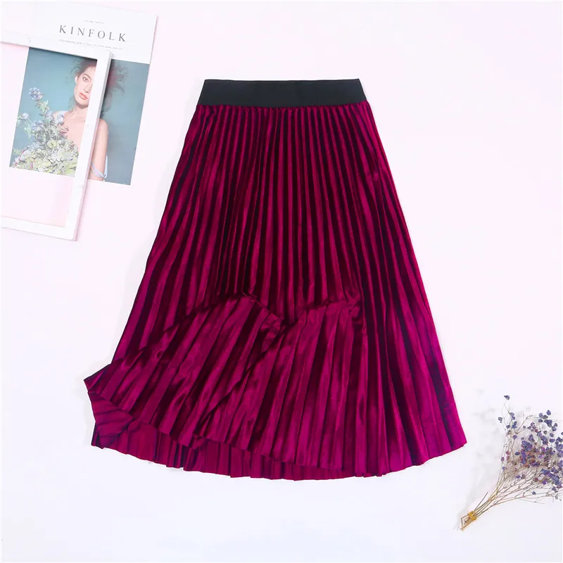 Новая осенне-зимняя юбка с высокой талией облегающая женская бархатная юбка длинные плиссированные юбки корейский стиль Женская юбка Harajuku - Цвет: Розово-красный