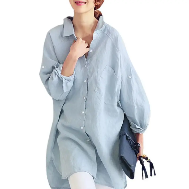 Women Summer Casual Blouse Loose Shirts Long Sleeve Linen