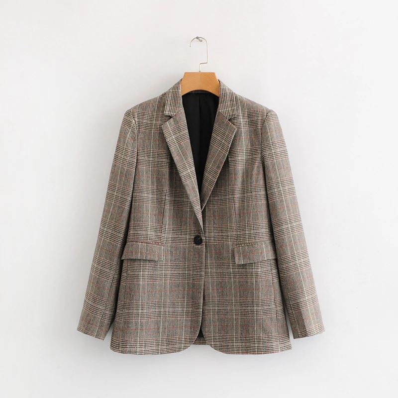 

Casual Women Plaid Blazer Coat Vintage Long Sleeve Single Button Blazer Jacket Korean Style Office Lady OL Autumn Spring Jacket