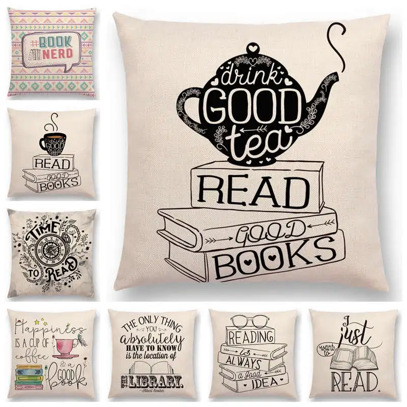 Taie d\'oreiller pour canapรฉ, joli thรฉ, lecture de livres, belle vie, mots magnifiques, profitez du temps, housse de coussin, nouvelle collection