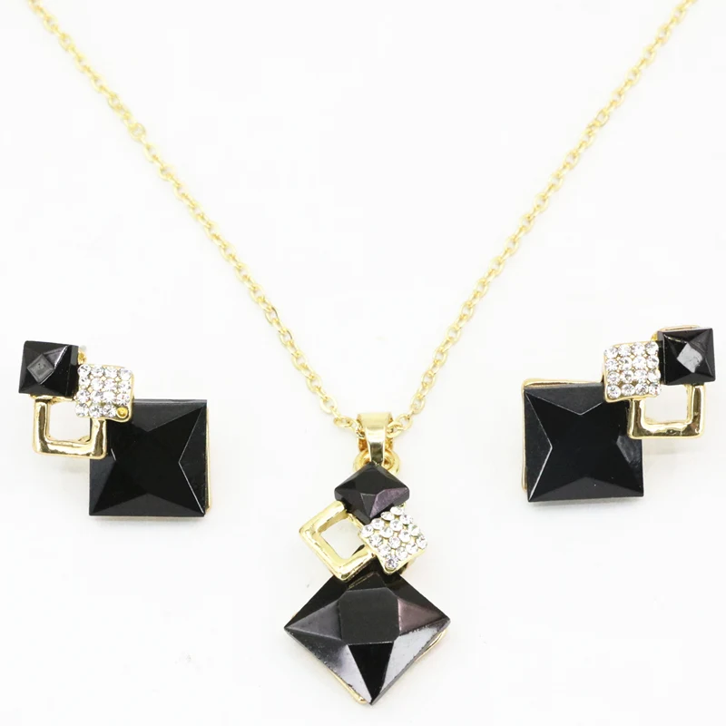 Elegant Bridal Jewelry Sets Square Geometry Pendant Chain Necklace Stud