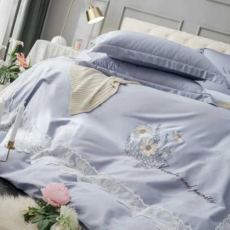 Dreamort Комплект постельного белья из египетского хлопка с вышивкой, Комплект постельного белья из 4 предметов, пододеяльник+ наволочка