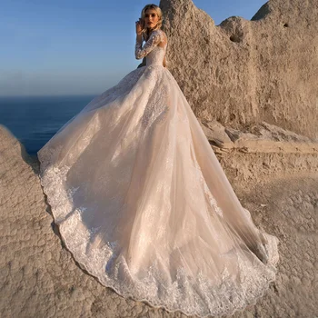 

Luxury Cathedral Train Lace Appliques Tulle Ball Gown Wedding Dress Bead Long Sleeve Bridal Gown