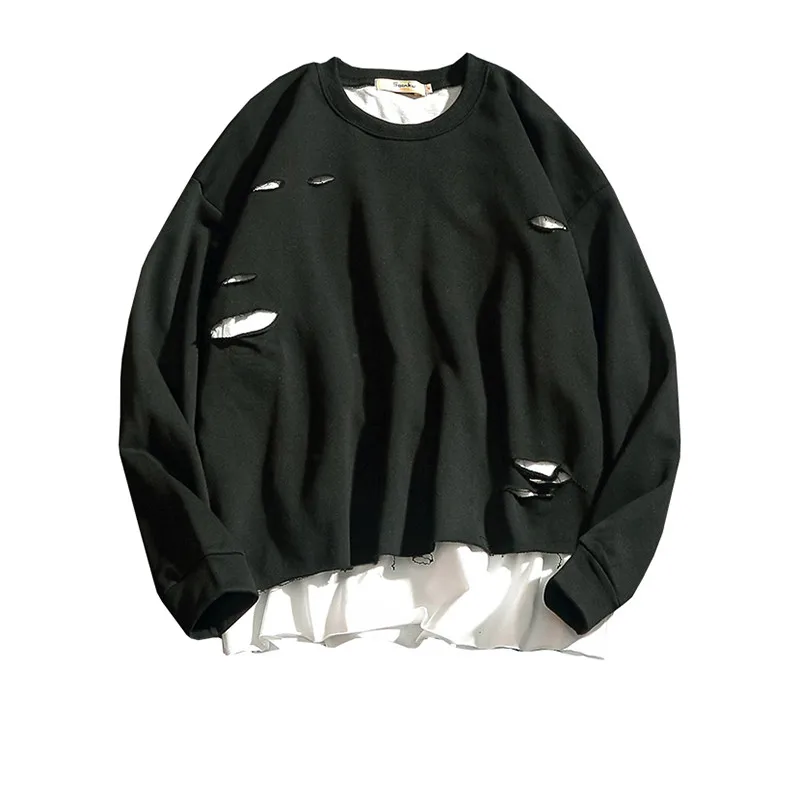 

Spring autumn men ripped hole punk hip hop hoodie fake two piece sweatshirt men japanese vintage oversized hoodies streetwear