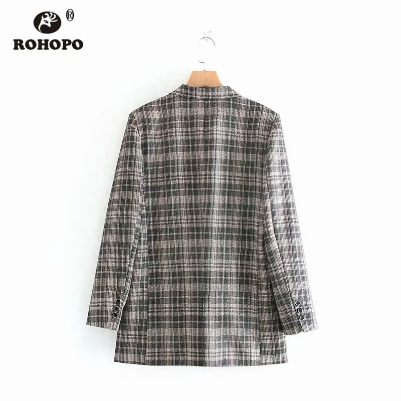 ROHOPO Double Buttons Women Plaid Blazer Autumn British Style Chic Office Ladies Casual Striped Khaki Outwear #UZ1001
