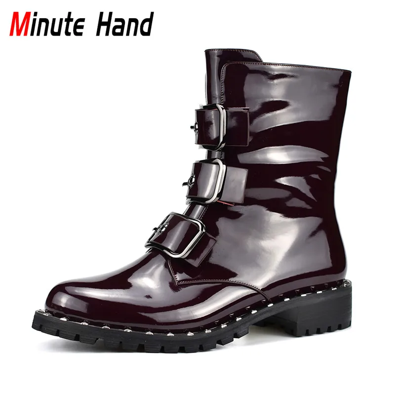 

Minute Hand Patent Leather New Fashion Motorcycle Boots Women Side Zip Buckle Ankle Boots Chunky Heels Autumn Winter Big Size 41