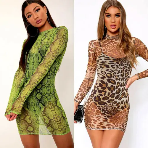 

Women's Leopard Snake Print Bodycon Sheer Mesh See Through Long Sleeve Dress Party Club Mini Dresses Sundress AU