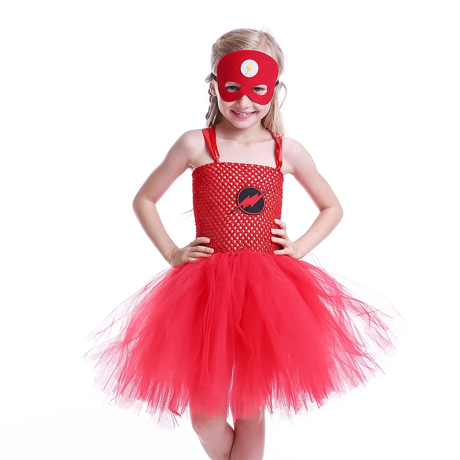 Girl Flash Halloween Tutu Dress with Mask Kids Red Superhero Cartoon Outfit Children (4)
