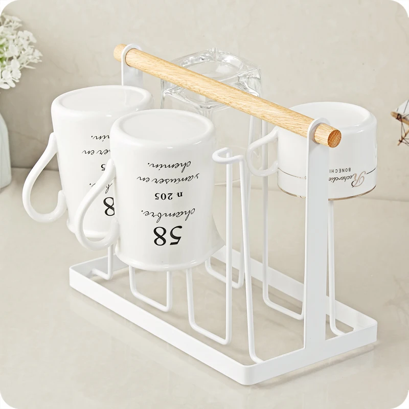 Coffee Tea Cup Holder Stand 6 Mug Wood Handle Storage Rack Holders W6 Hooks(Not includ cups) (5)