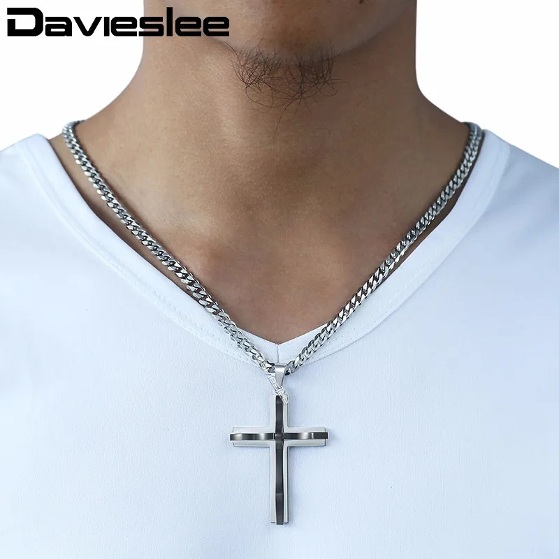 Davieslee Мужская цепочка, изогнутый крест, подвеска, ожерелье из нержавеющей стали, Снаряженная кубинская цепь, Черное золото, серебро, тон 18-36 дюймов LKPM137 - Окраска металла: Black Silver KP604