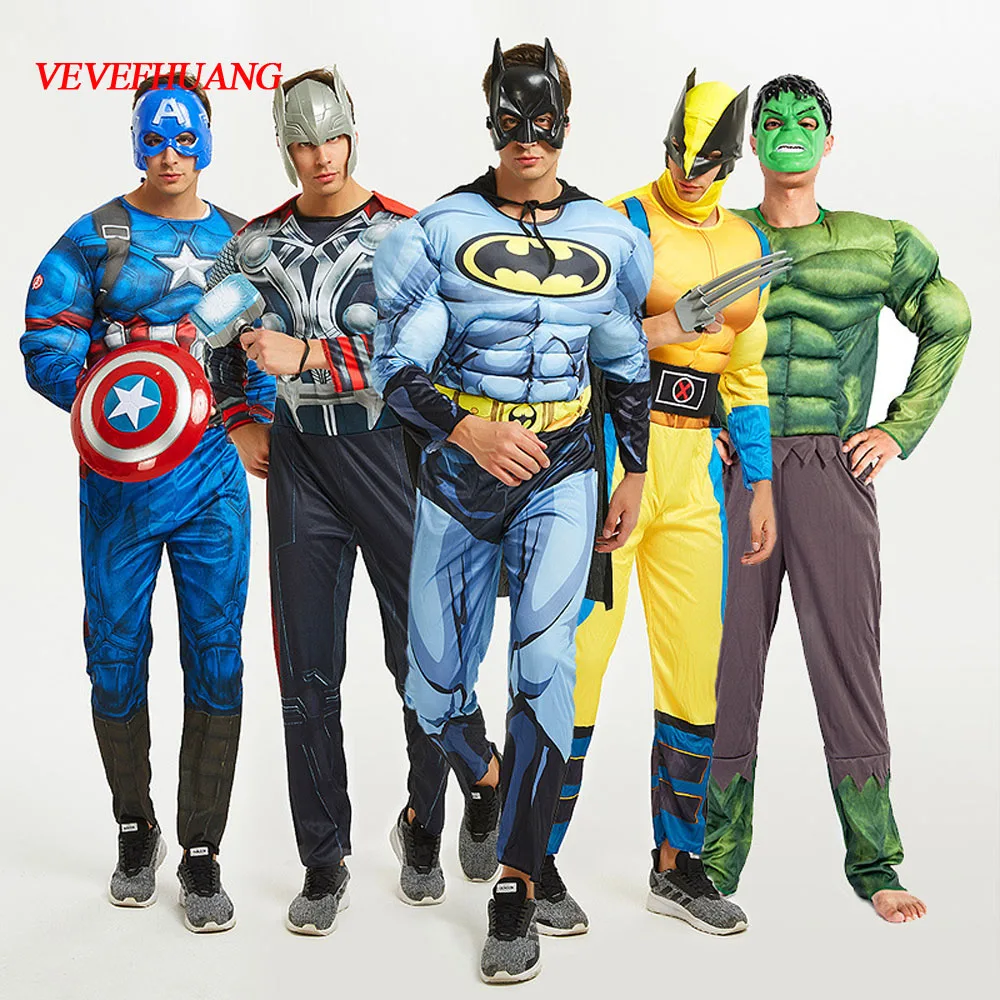 

VEVEFHUAG SuperHero Avengers Endgame Clothes Jumpsuit Captain America Superman Batman Hulk IronMan Thor Muscle Cosplay Costumes