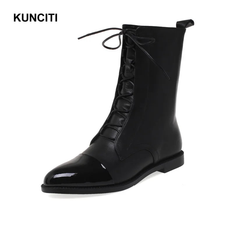 

2019 KUNCITI Womens Riding Boots Lace Up Black Ankle Booties European New Designer Martin Boots Top Quality Size 34-39 D944