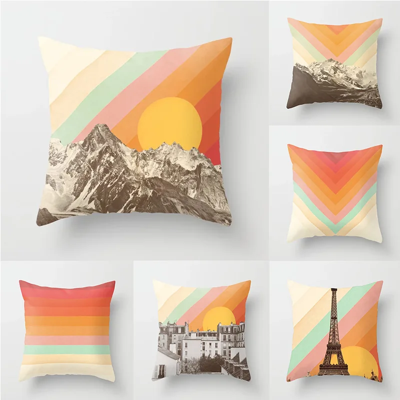 

Rainbow Stripes Cushion Cover Scenery Print Polyester Soft Pillowcase Sofa Car Decorative Covers Home Living Room Decor 45x45cm