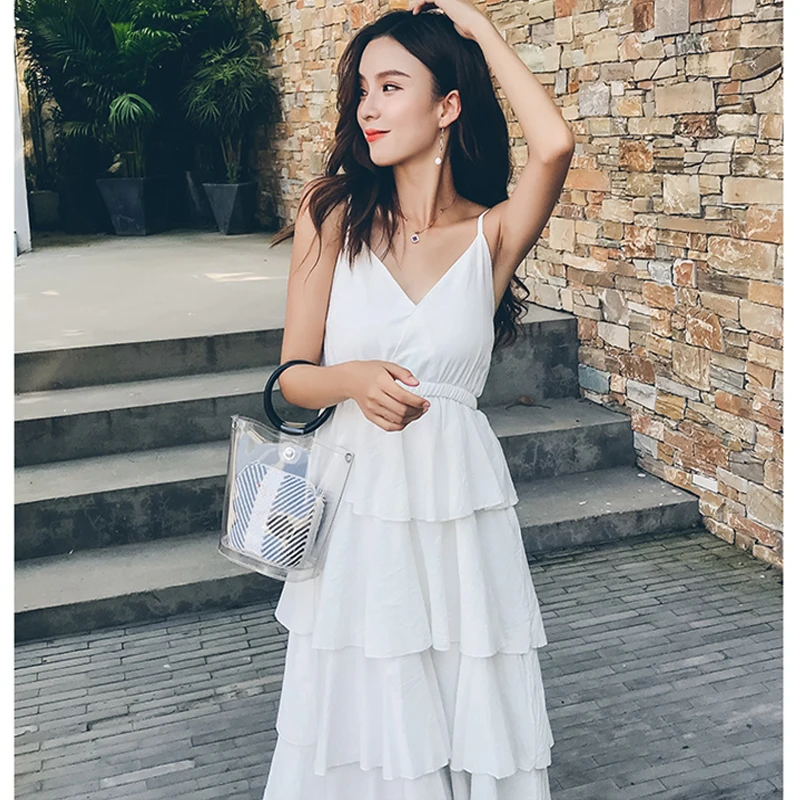 

2019 Vintage V-neck Cotton Sleeveless Backless Dress Women Summer Spaghetti Strap Holiday Dress Beach Beautiful Wear Vestido