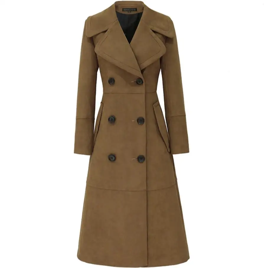 suede Trench Coat for Women Long double breasted Women Outwear plus