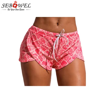 

SEBOWEL Pink Print Drawstring Waist Boyshort Beach Bottom Women Sexy Swimming Shorts Female Summer Bikini Panties Swim Briefs