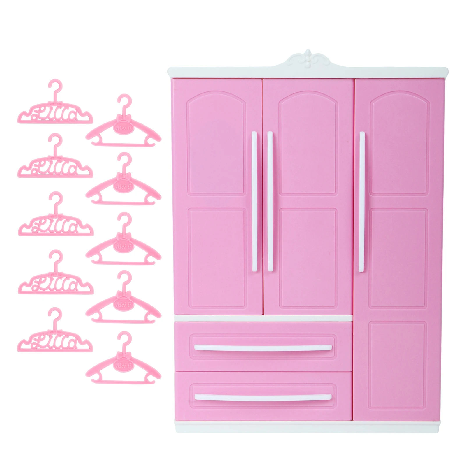 Baratos Armario rosa de alta calidad para muñeca Barbie + 10x percha de plástico Mini casa de muñecas dormitorio 16 accesorios de muebles bonitos chico