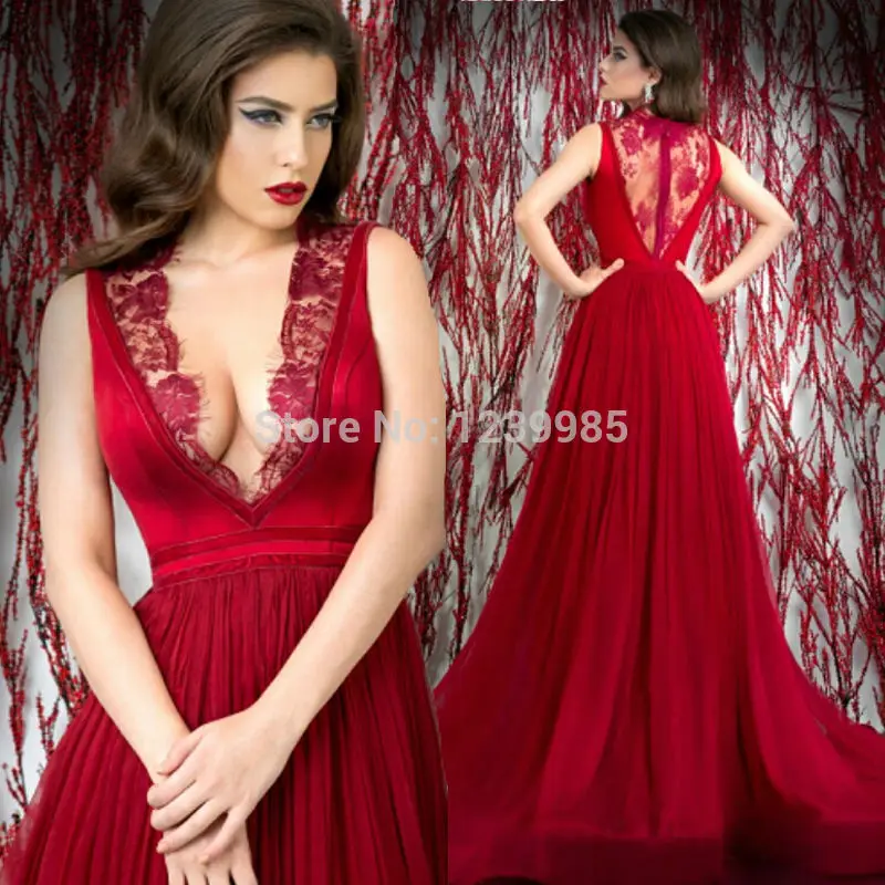 YE033 Sexy Deep V Neck Sleeveless A-Line Sheer Lace Back Red Evening Dress 2015 For Woman | Свадьбы и торжества