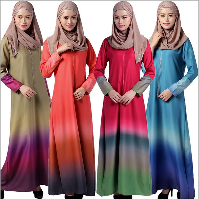 Rainbow Colors Muslim Women Kaftan Islamic Abaya Dress Long Sleeve