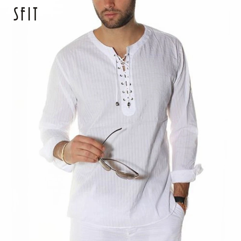 

SFIT 2019 Autumn Plus Size S-3XL Men Casual Shirts Long Sleeve Solid Lace Up Tunic Tops Men Vintage Slim Male Blouse Chemise
