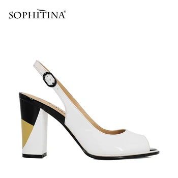 

SOPHITINA Lady Shoes Peep Toe Sandals Handmade Pumps Elegant Square High Heel solid Patent Leather Autumn Women Shoes S19