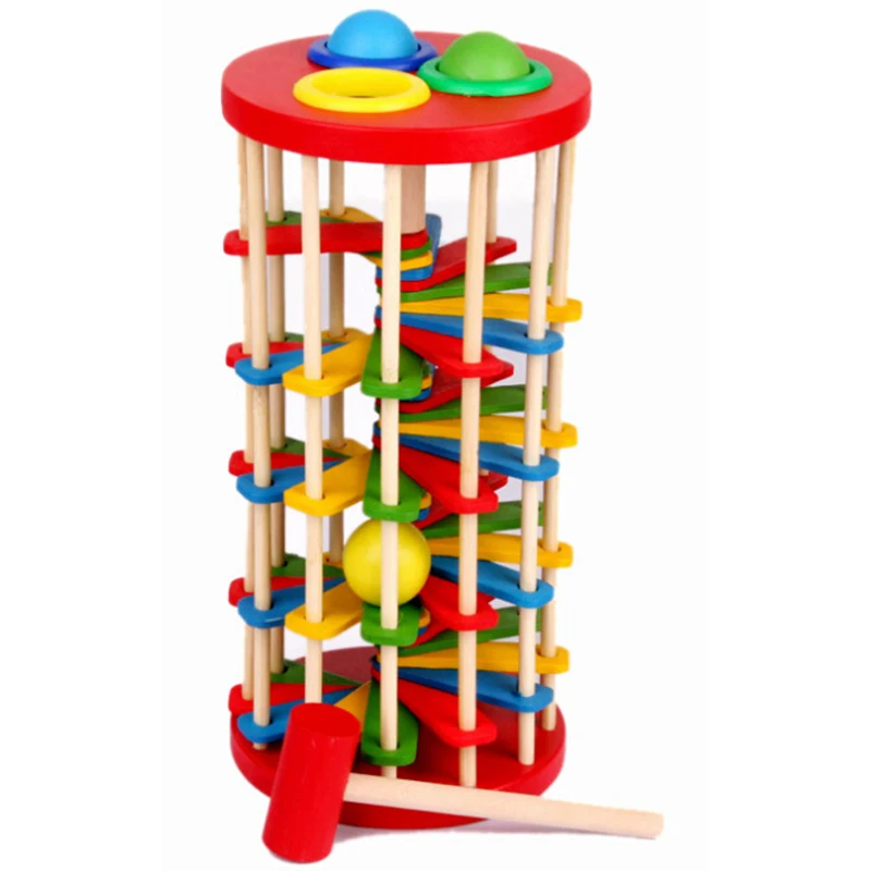 Children Boys Girls Pressure Reduce Baby Toy 13 24 Months Wooden Knock Ball Drop Ladder Toy For