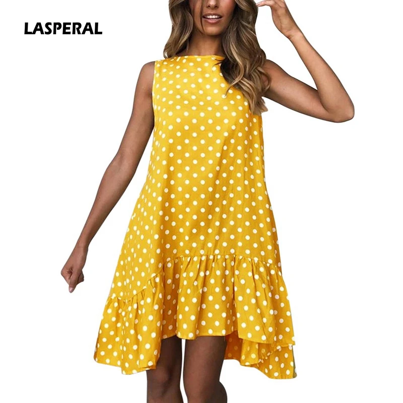 

LASPERAL Polka Dots Dress for Women Summer Cold Shoulder Ruffle Irregular Round Neck Plus Size Casual Mini Boho Beach Dress 2019