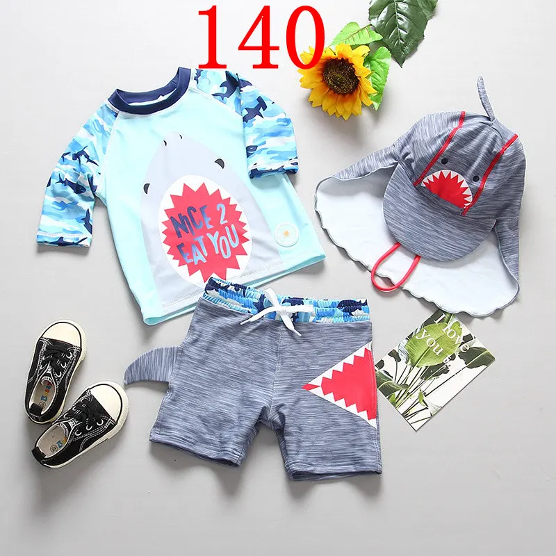 SIZE 140 Новинка года, летний купальный костюм для маленьких мальчиков+ шапочка, 3 предмета, купальный костюм с героями мультфильмов детский купальный костюм с длинными рукавами для младенцев и детей постарше, детский купальный костюм для спа-пляжа - Цвет: SIZE 140