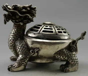 

Collectible Decorated Old Handwork Tibet Silver Dragon Tortoise Incense Burner