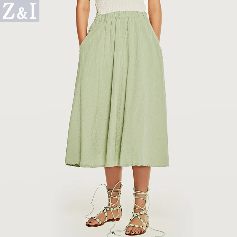 Летняя Осенняя Новая модная женская плиссированная Однотонная юбка средней длины с карманами и высокой талией, Повседневная Эластичная юбка