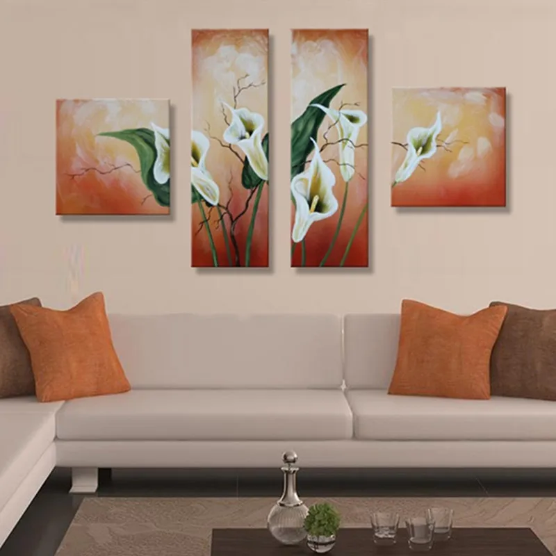 

Hand Painted Abstract White Lily Flower Oil Painting Handmade Floral Paintings on Canvas Large 4 Panel Pictures Modern Wall Art